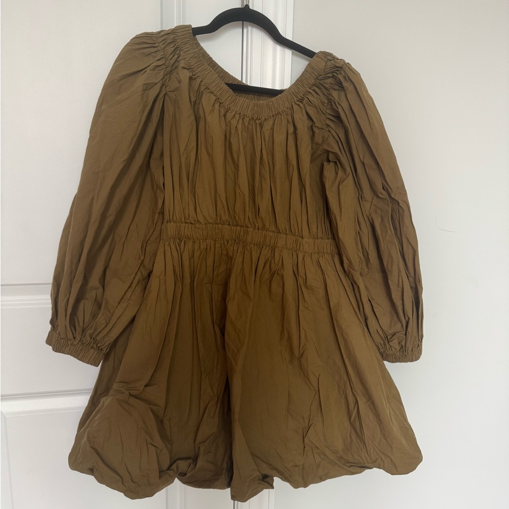 ULLA JOHNSON Martine Bubble Minidress 
Off-Shoulder Olive Green Dress - Picture 3 of 6
